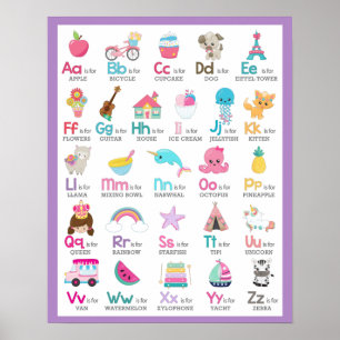 Alphabet A to Z Kids Baby Kinderzimmer auf Lila Poster