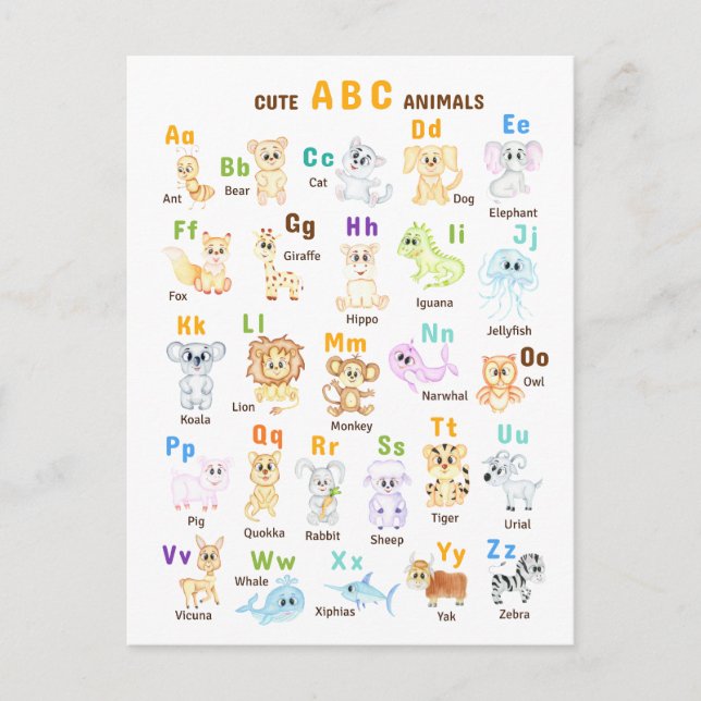Alphabet Animal ABC Niedliche Tiere Ankündigungspostkarte (Vorderseite)