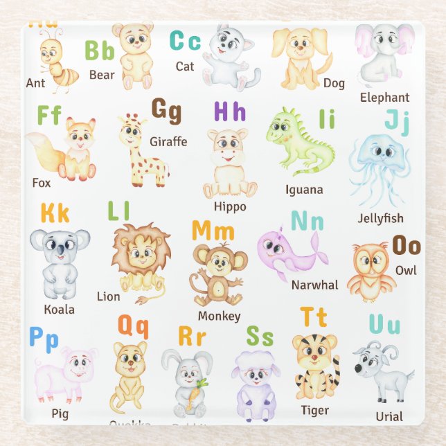 Alphabet Animal ABC Niedliche Tiere Glasuntersetzer (Vorderseite)