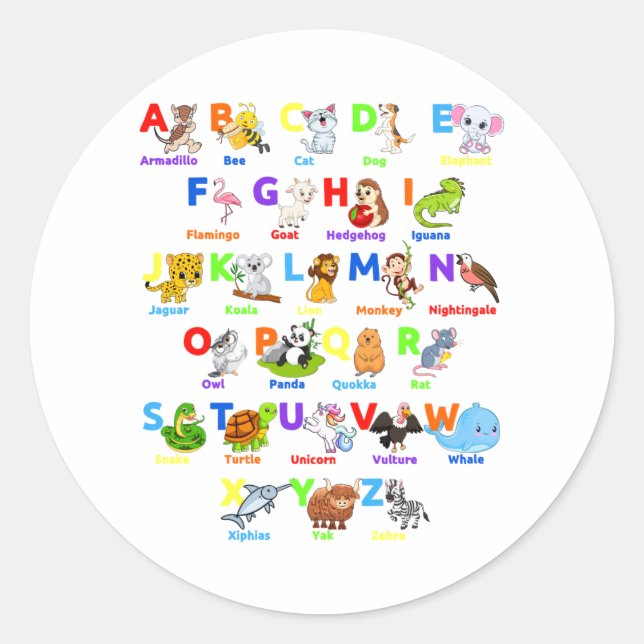 Alphabet Animal ABCs Learning Runder Aufkleber (Vorderseite)
