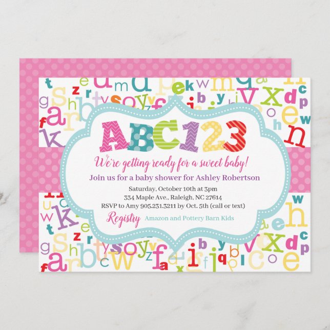 Alphabet-Baby-Dusche Einladung (Vorne/Hinten)