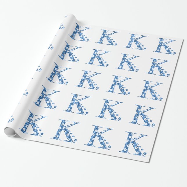 Alphabet der Blume K (blau und Punkte) Geschenkpapier (Ungerollt)