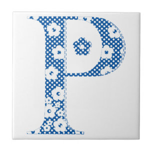 Alphabet der Blume P (blau und Punkte) Fliese