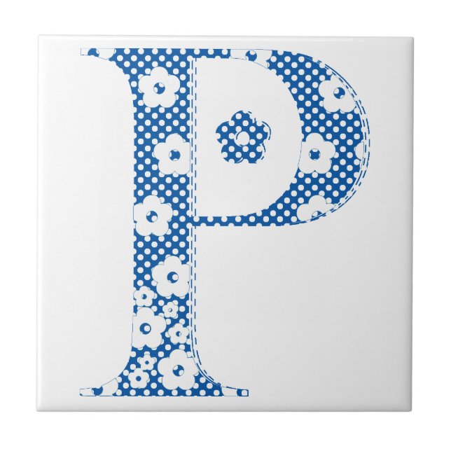 Alphabet der Blume P (blau und Punkte) Fliese (Vorderseite)