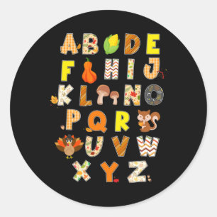Alphabet des Erntedankfestes Lustiger Truthahn Her Runder Aufkleber