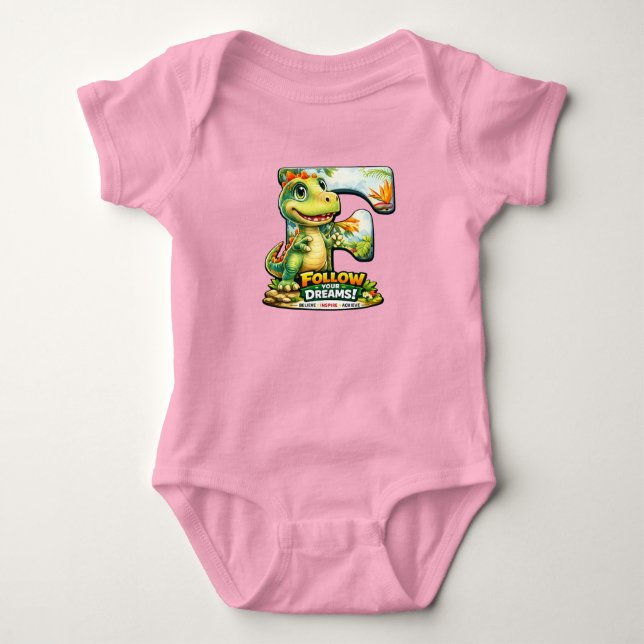 🦖💖 Alphabet Dino „F“ Baby-Body 👶✨ Baby Strampler (Vorderseite)