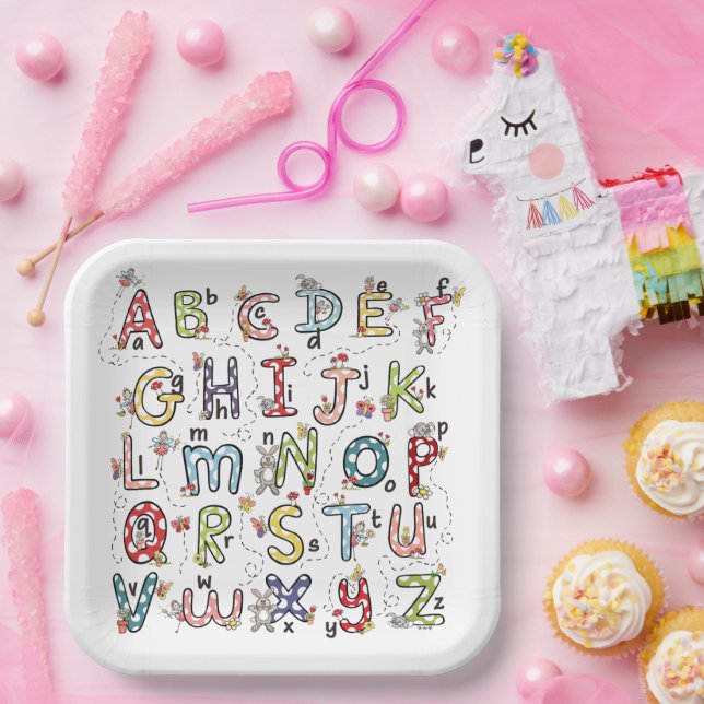 Alphabet Hasen, Schmetterlinge, Feen & Blumen  Pappteller (Party)