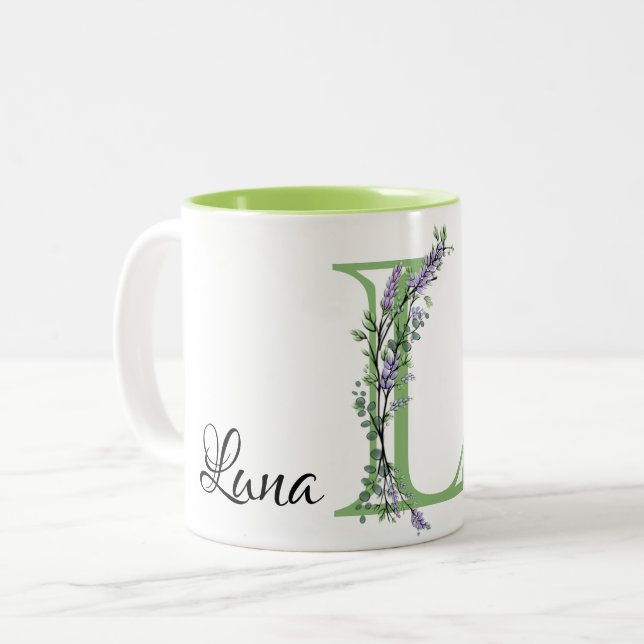 Alphabet Letter L, Aquarelllavender botanisch Zweifarbige Tasse (Vorderseite Links)