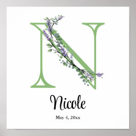 Alphabet Letter N Aquarelllavender Eucalyptus Poster