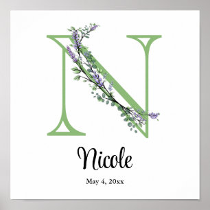 Alphabet Letter N Aquarelllavender Eucalyptus Poster