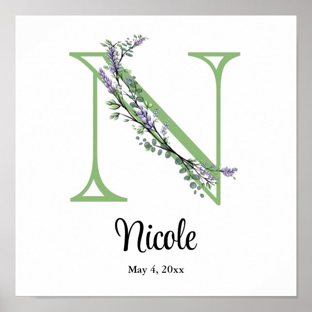 Alphabet Letter N Aquarelllavender Eucalyptus Poster (Vorne)