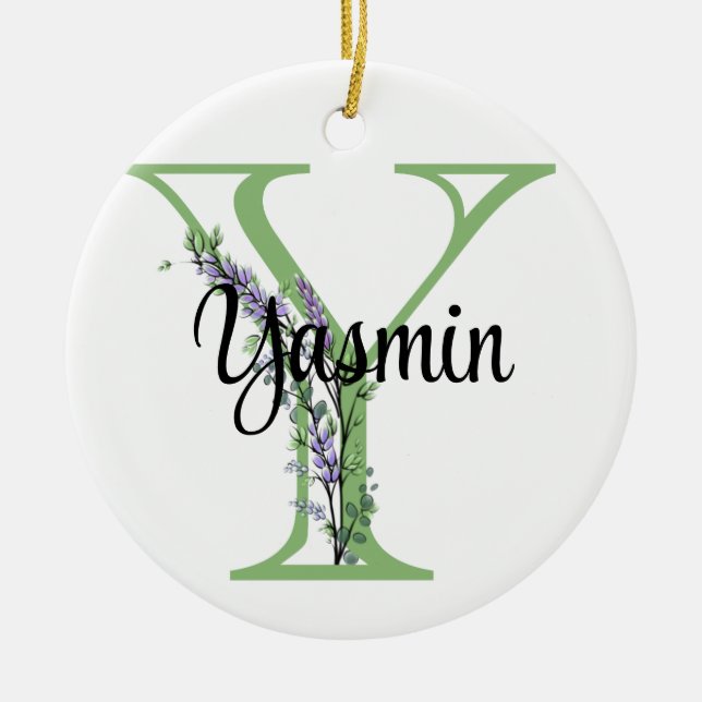 Alphabet Letter Y, Aquarelllavender botanisch Keramik Ornament (Vorne)