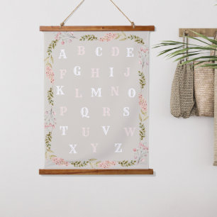 Alphabet Mädchen Hellrosa Blumen Wandteppich Mit Holzrahmen