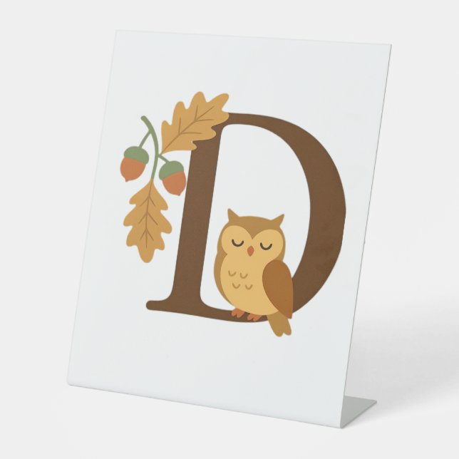 Alphabet Monogram Letter D - Owl mit Oak L Sockelschild (Vorderseite)
