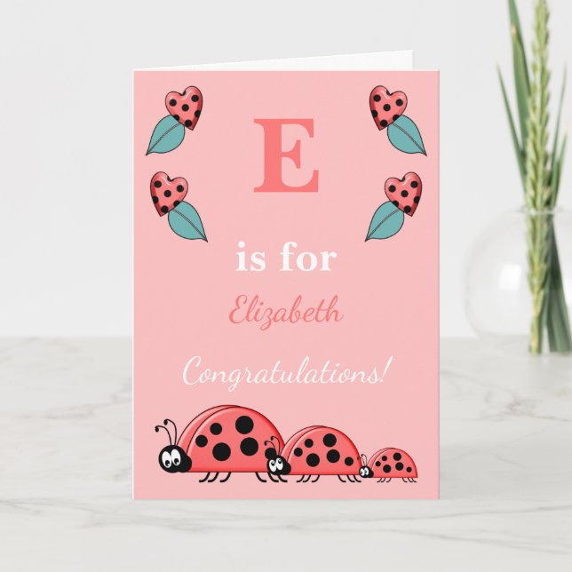 Alphabet Name neues niedliches Baby Ladybirds rosa Karte (Vorderseite)