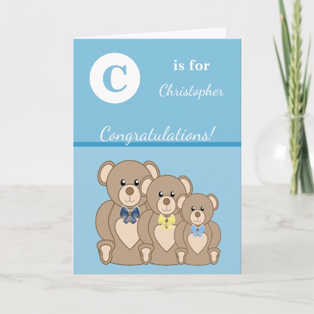 Alphabet Name New Baby niedlich Teddy Bären Blue Karte (Vorderseite)