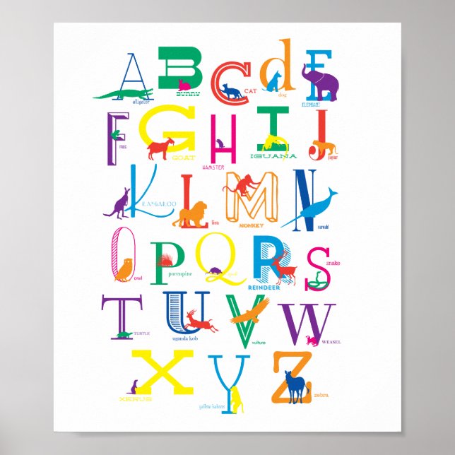 Alphabet Poster mit tierischen Silhouetten in Farb (Vorne)