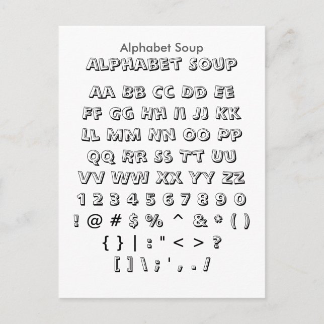 Alphabet Soup - Zazzle Schriftart Sampler Sheet Postkarte (Vorderseite)