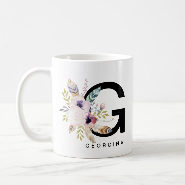 Alphabet-Tassen-Monogramm Boho Wasserfarbe der Kaffeetasse (Links)
