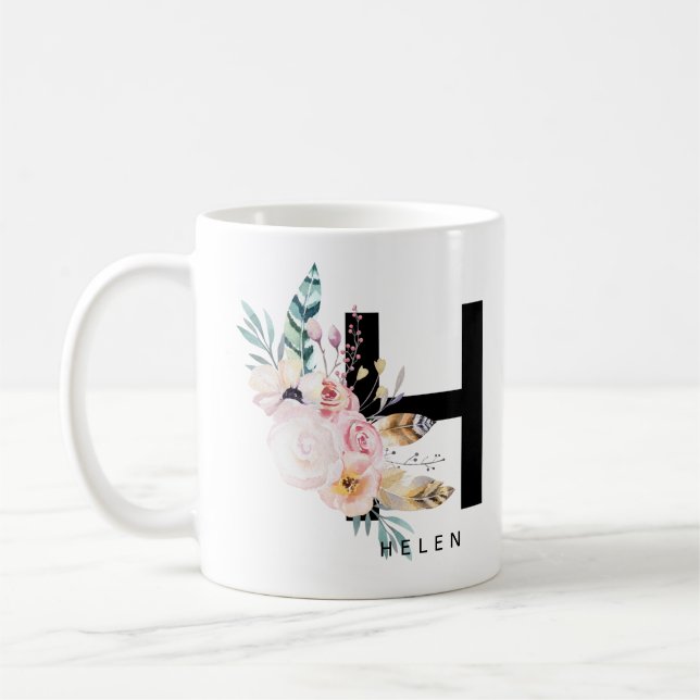 Alphabet-Tassen-Monogramm Boho Wasserfarbe der Kaffeetasse (Links)