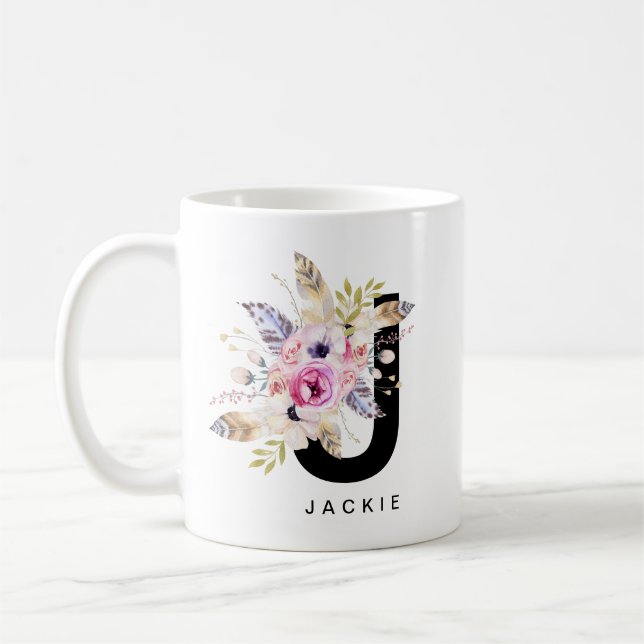 Alphabet-Tassen-Monogramm Boho Wasserfarbe der Kaffeetasse (Links)