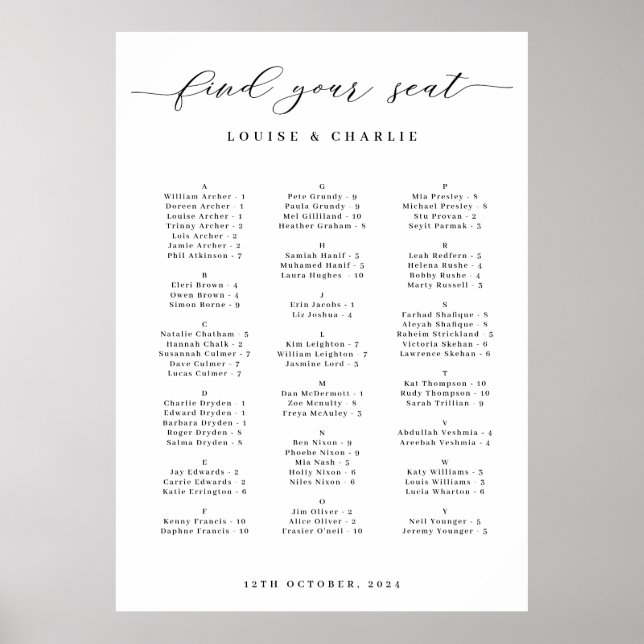 Alphabetical Elegant Wedding Seating Chart Poster (Vorne)
