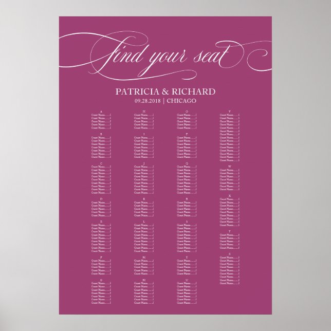 Alphabetische Elegante Cassis Wedding Chart Poster (Vorne)