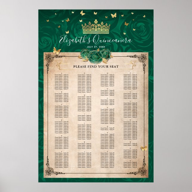 Alphabetische Grün und Gold Elegante Rose Sitzplät Poster (Vorne)