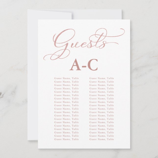 Alphabetische Hochzeit-Gästebett-Rose Gold Einladung (Vorderseite)