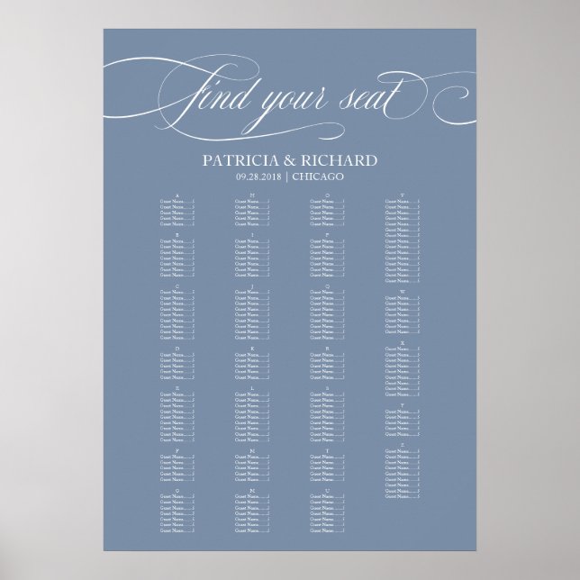 Alphabetische Hochzeitssatteltafel Dusty Blue Poster (Vorne)