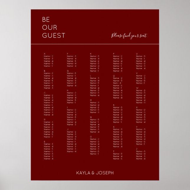 Alphabetische Hochzeitstabelle für Burgund Poster (Vorne)