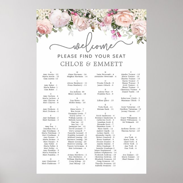 Alphabetische Hochzeitstabelle in Rosa Poster (Vorne)