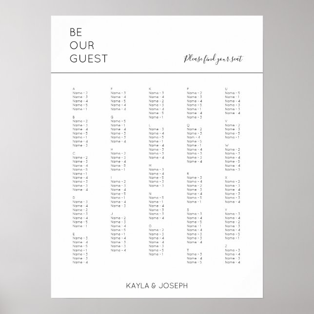 Alphabetische Hochzeitstabelle Poster (Vorne)