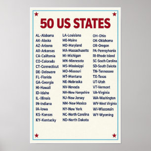 Alphabetische Liste der 50 US-Staaten-Abkürzungen Poster