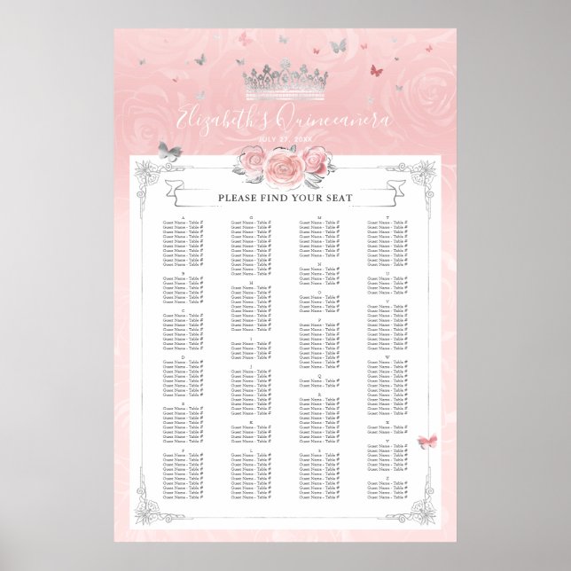 Alphabetische Silber Light Pink Rose Sitzkarten Poster (Vorne)
