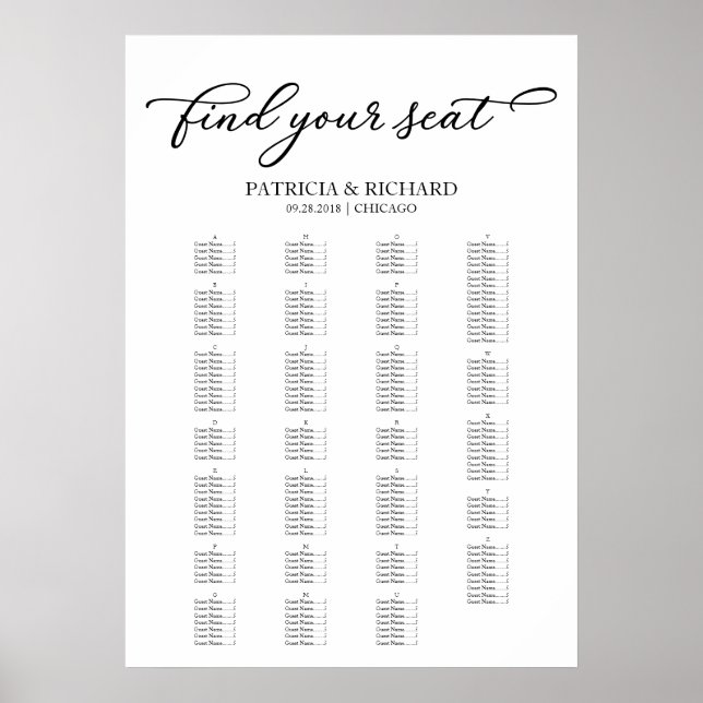 Alphabetische Sitzkarte Chic Black Script Poster (Vorne)