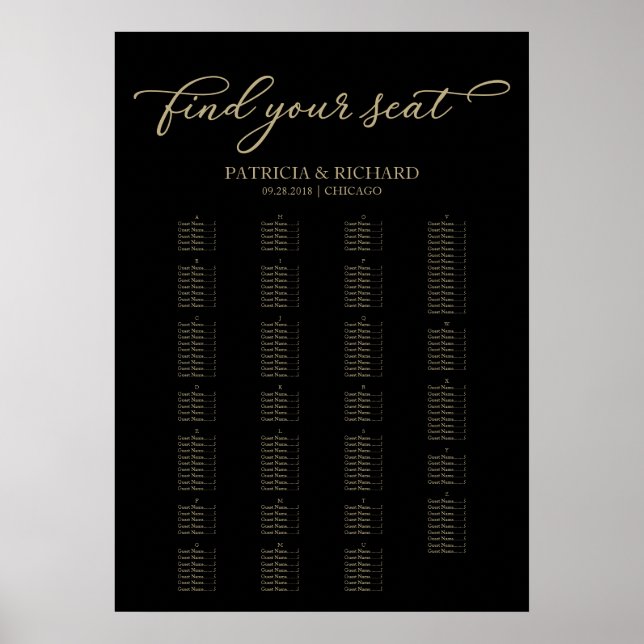 Alphabetische Sitzkarte Elegantes Gold Schwarz Poster (Vorne)