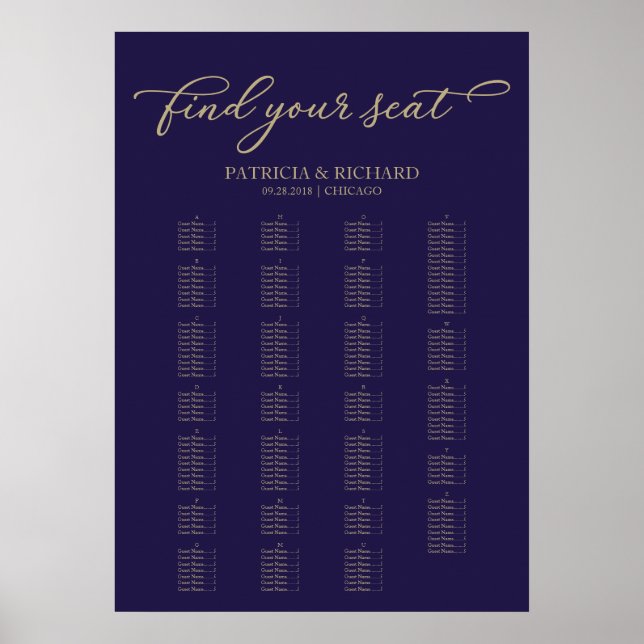 Alphabetisches Seating Chart Elegante Gold Navy Bl Poster (Vorne)