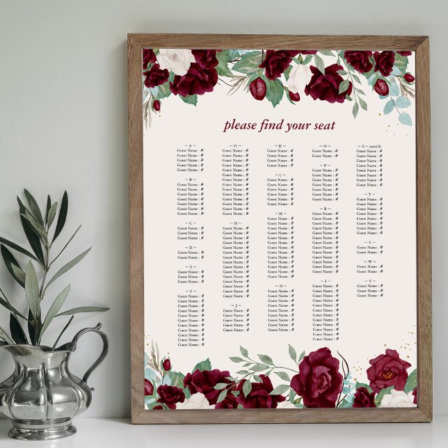 Alphabetisches Seekartendiagramm für burgundy-Rote Poster (Alphabetical Seating Chart with burgundy red rose borders. Available printed or printable download)
