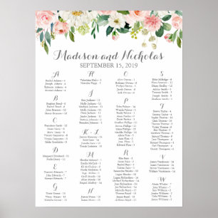 Alphabetisches Sitzdiagramm in Rosa und Weiße Blum Poster