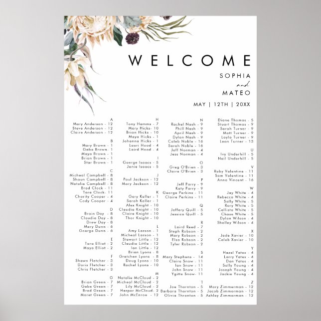 Alphabetisches Sitzdiagramm mit weißer Flora Poster (Vorne)