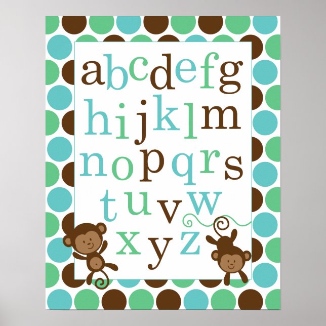 Alphabetposter für Kinderzimmer Blaue Grüne Affen Poster (Vorne)