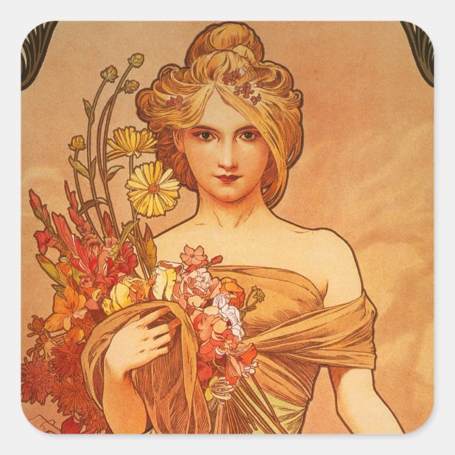 Alphonse Mucha Art Deco Quadratischer Aufkleber (Vorderseite)