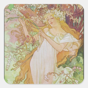 Alphonse Mucha Art Deco Quadratischer Aufkleber