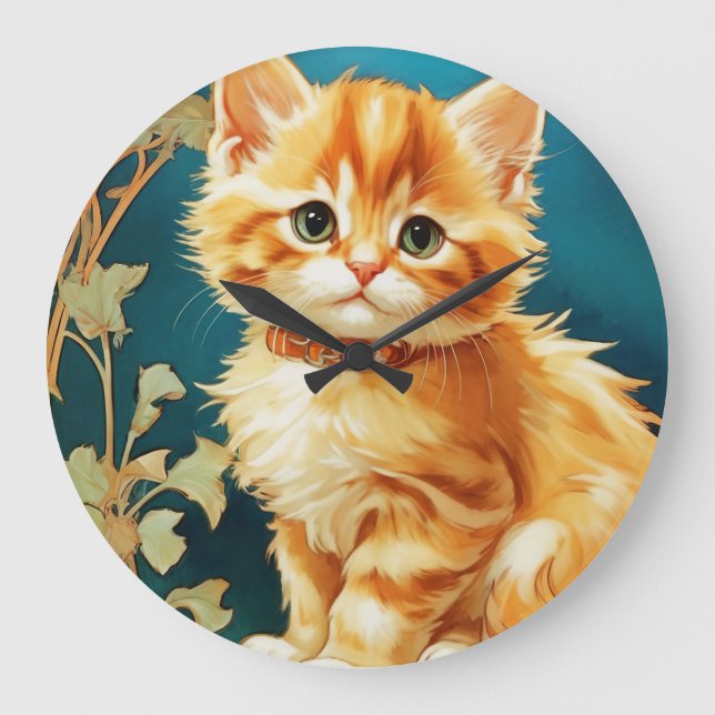 Alphonse Mucha Art Nouveau Cat Große Wanduhr (Vorderseite)