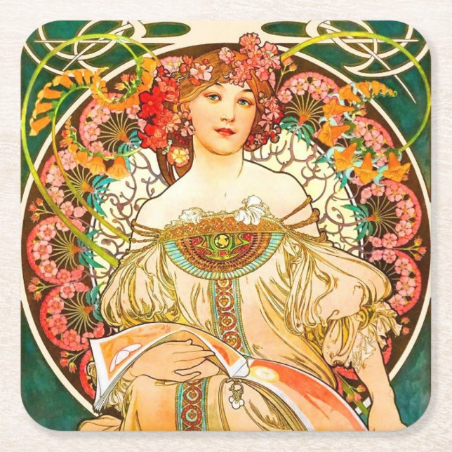 Alphonse Mucha Art Nouveau Daydream Rechteckiger Pappuntersetzer (Vorderseite)
