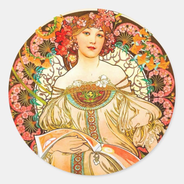 Alphonse Mucha Art Nouveau Daydream Runder Aufkleber (Vorderseite)