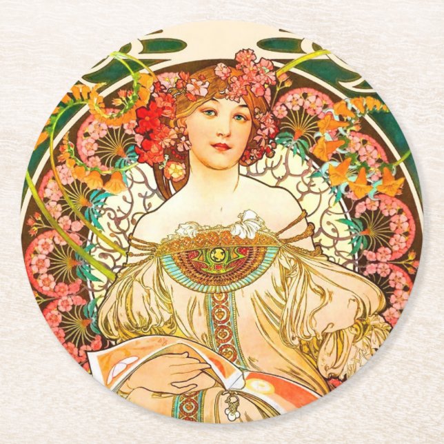 Alphonse Mucha Art Nouveau Daydream Runder Pappuntersetzer (Vorderseite)