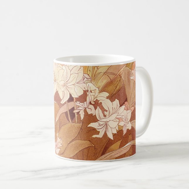 Alphonse Mucha Art Nouveau Floral Detail Kaffeetasse (VorderseiteRechts)