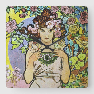 Alphonse Mucha Art Nouveau Floral girl Quadratische Wanduhr